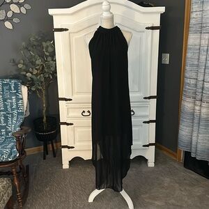 Elegant Black Halter Maxi Dress long Sheer overlay timeless XL